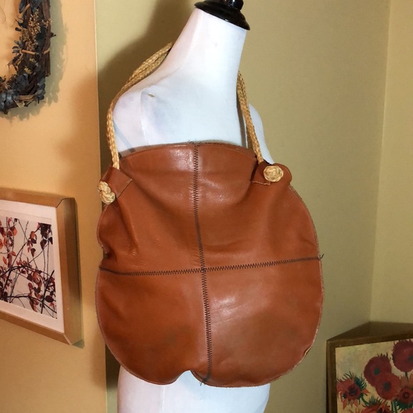 Vintage 70s Genuine 100% Leather Honey-Brown Dual-Rope Handle Round Bag GROOVY - Picture 5 of 16